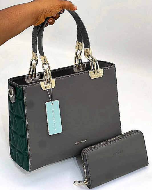 Chrisbella Grey Handbag with Matching Wallet – Elegant Leather Ladies’ Purse