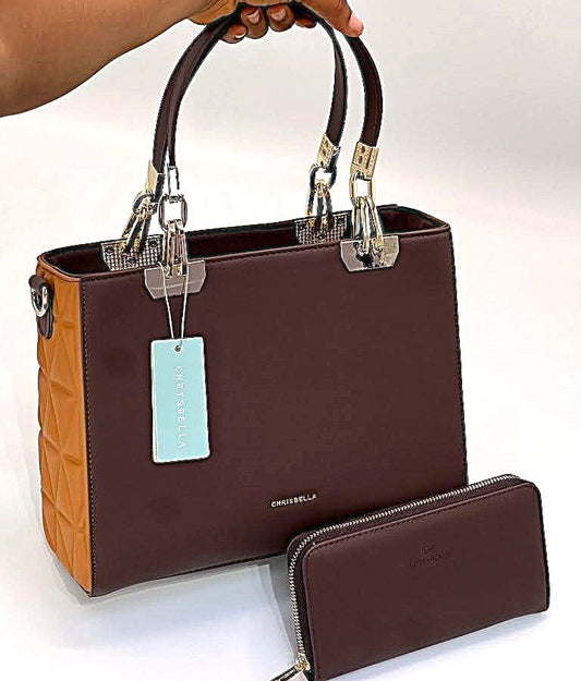 Chrisbella Women’s Handbag & Wallet Set – Brown with Caramel Quilted Sides
