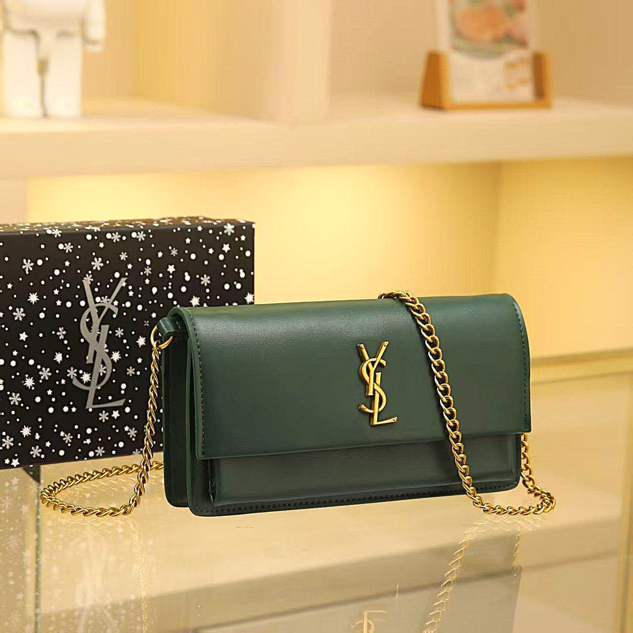Saint Laurent Monogram Chain Wallet in Hunter Green Smooth Leather - A Bold Statement of Luxury