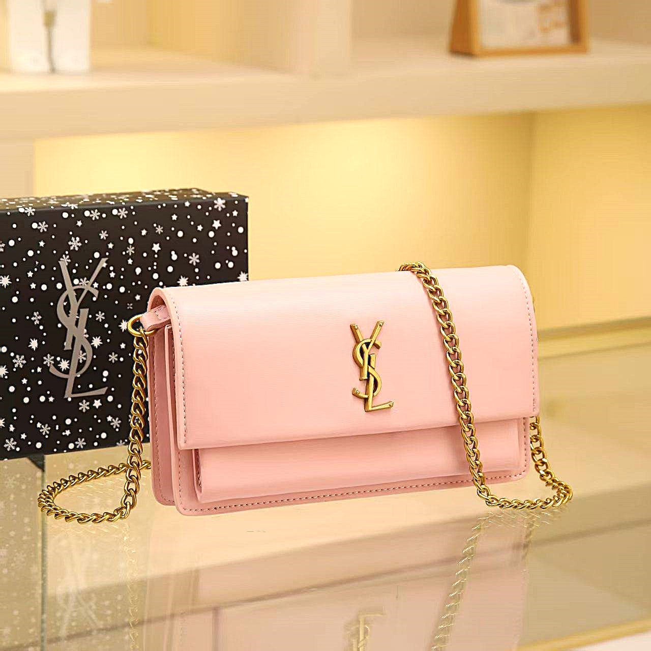 Saint Laurent Monogram Chain Wallet in Light Pink Smooth Leather - Elegance in Every Detail